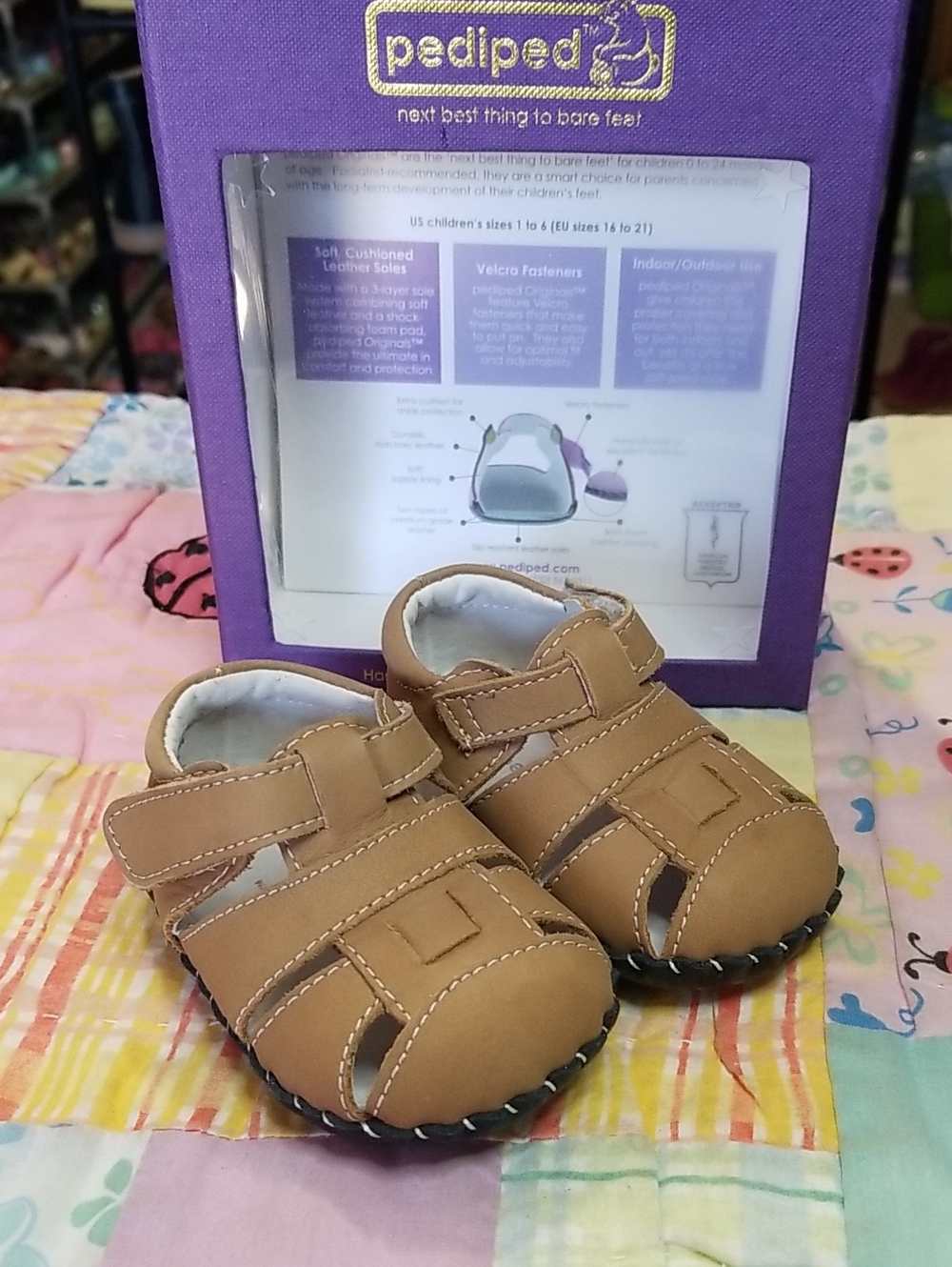 pediped Tan Baby/Toddler Sandals with Hook-and-Loop Straps 0-6 Month Harvey NIB